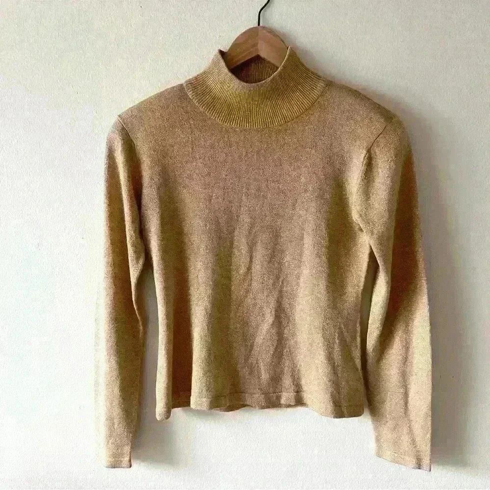 Jeanne Pierre S Tan Gold Metallic Long Sleeve Mock Neck Sweater Shoulder Pads